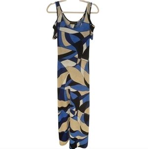 Taheri Maxi patterned cold shoulder Dress shades of blue and tan size medium
